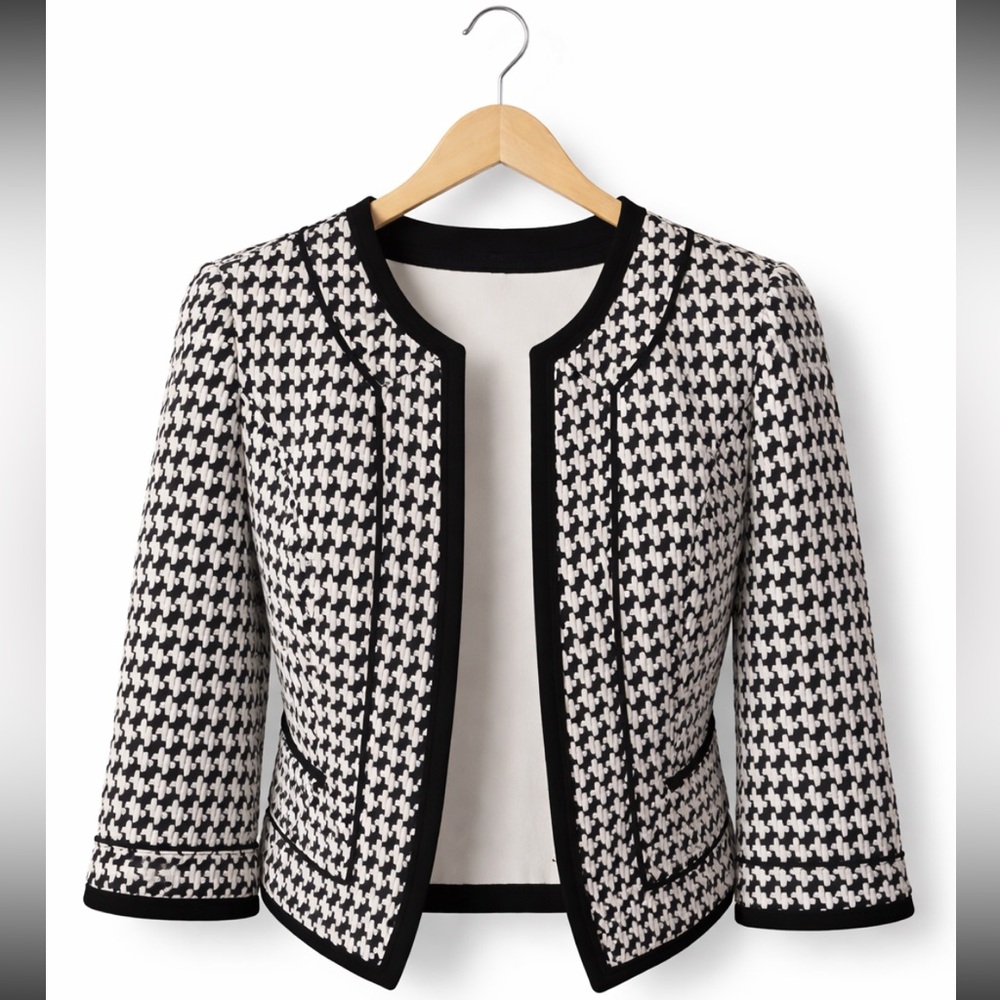 WHBM Women's Black and White Houndstooth Jacket Size 6 3/4 Sleeve
